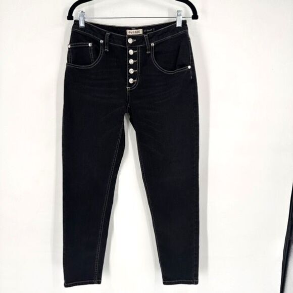 Please Button Fly Black Boyfriend Jeans Made in Italy Size XS X Small Stretch - Picture 2 of 14